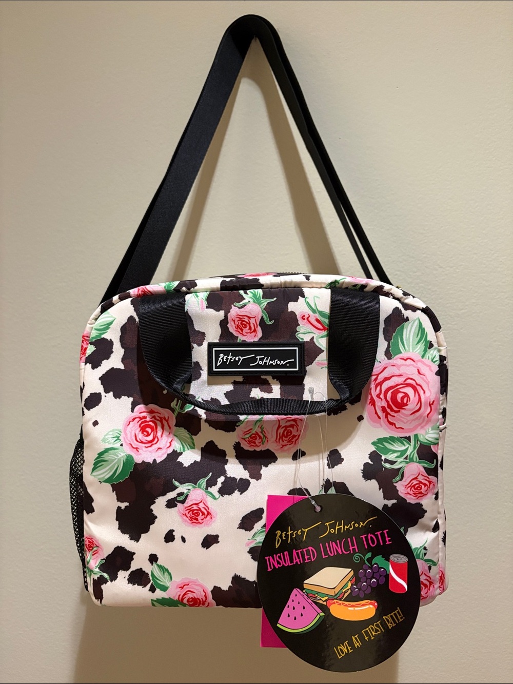 NWT Betsey Johnson Roses & Cow Print Top Handle Lunch Tote